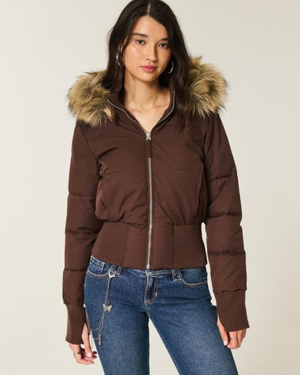 Women's Faux Fur Hooded Zip-Front Quilted Puffer Jacket