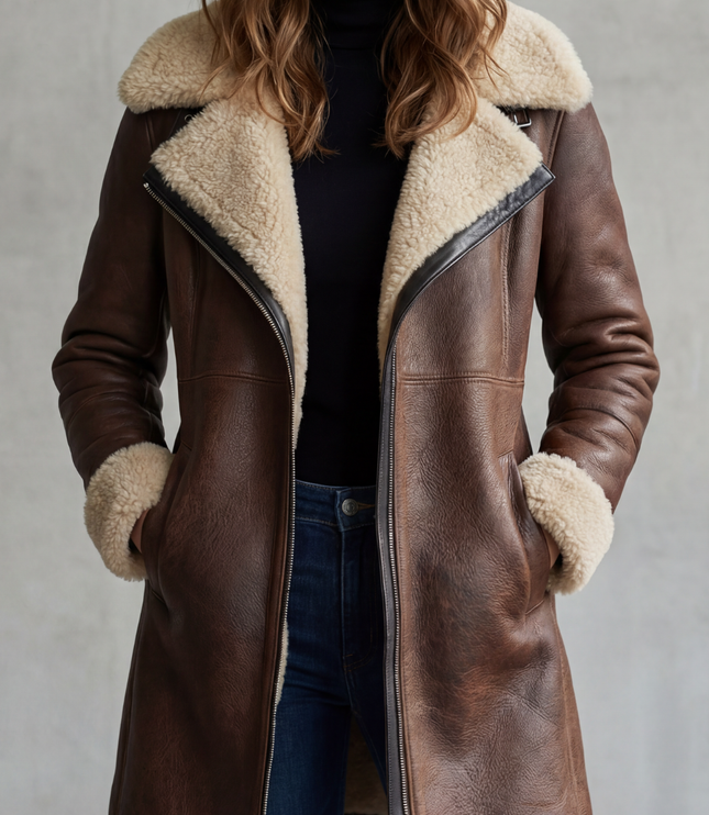 Women's Faux Leather Shearling Lined Longline Coat