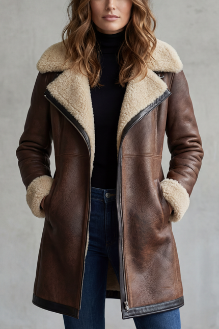 Women's Faux Leather Shearling Lined Longline Coat