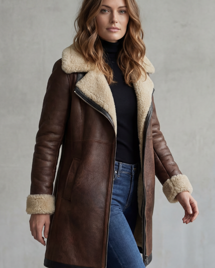 Women's Faux Leather Shearling Lined Longline Coat