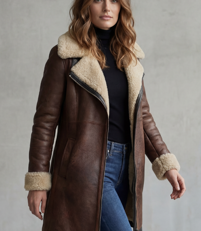 Women's Faux Leather Shearling Lined Longline Coat
