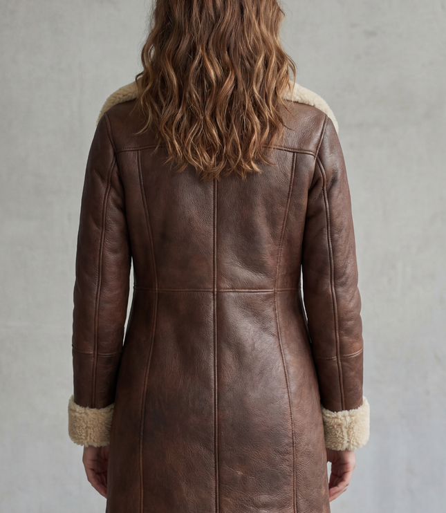 Women's Faux Leather Shearling Lined Longline Coat
