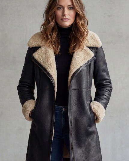 Women's Faux Leather Shearling Lined Longline Coat