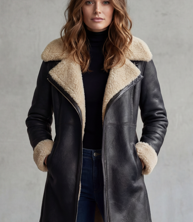Women's Faux Leather Shearling Lined Longline Coat