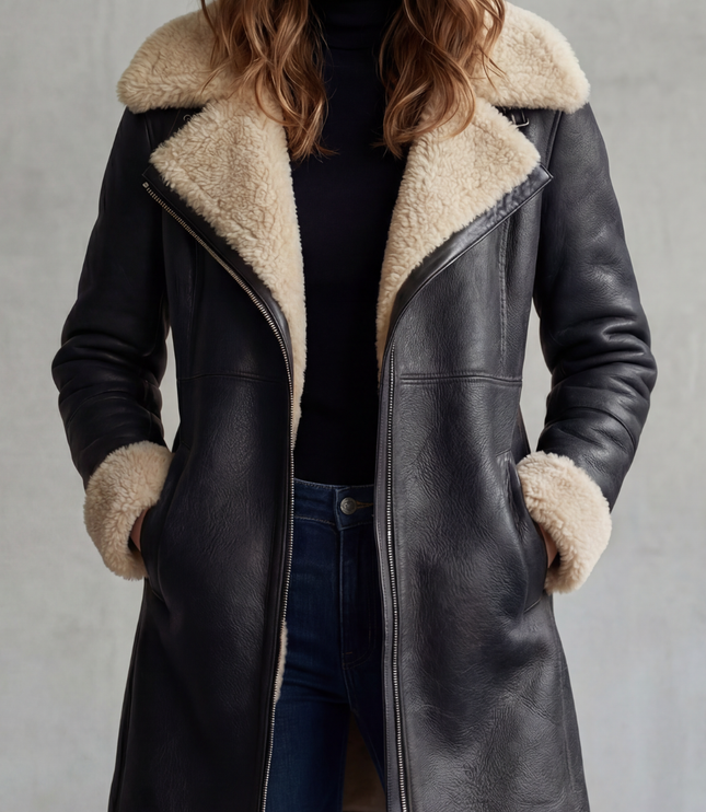 Women's Faux Leather Shearling Lined Longline Coat