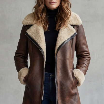 Women's Faux Leather Shearling Lined Longline Coat