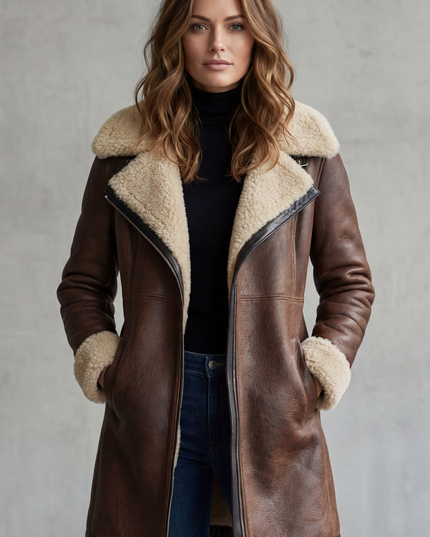 Women's Faux Leather Shearling Lined Longline Coat
