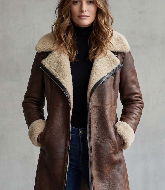 Women's Faux Leather Shearling Lined Longline Coat