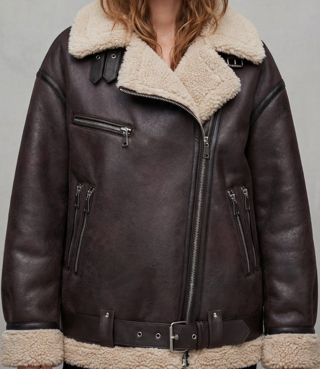 Women's Faux Shearling Collar Oversized Aviator Jacket