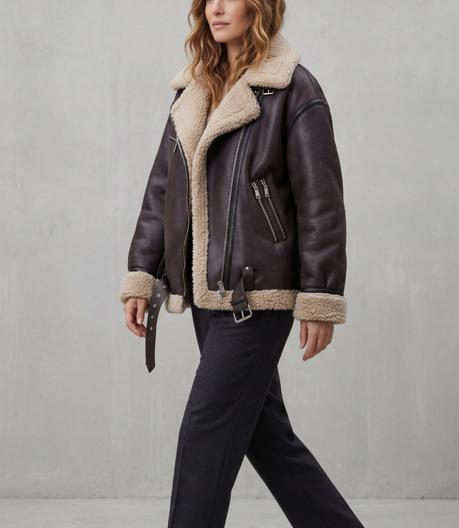 Women's Faux Shearling Collar Oversized Aviator Jacket
