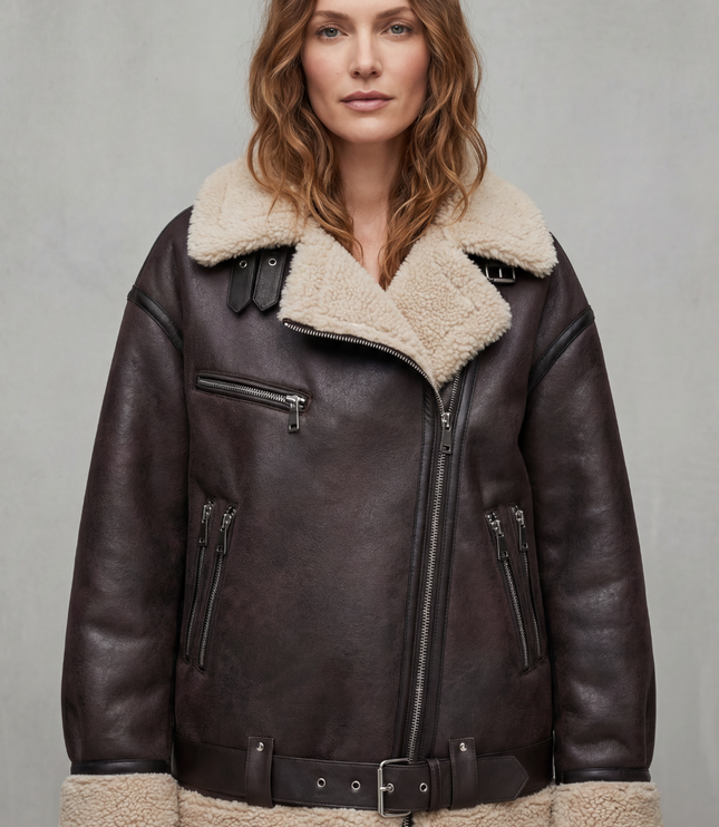 Women's Faux Shearling Collar Oversized Aviator Jacket