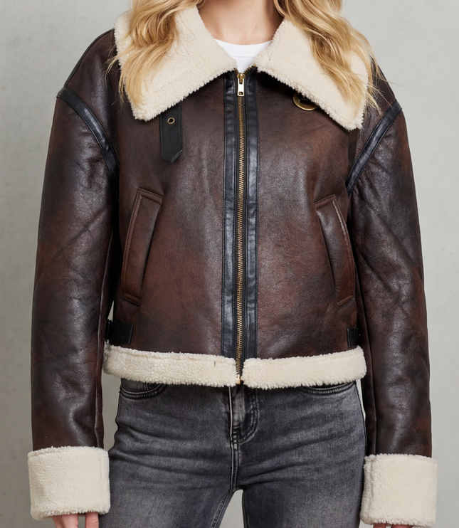 Women's Faux Shearling Trim Cropped Aviator Jacket