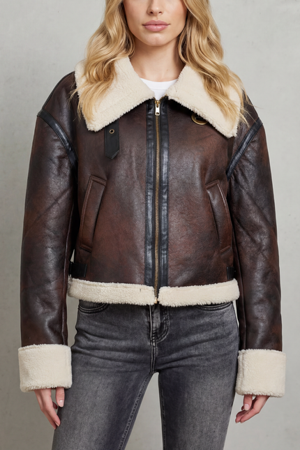 Women's Faux Shearling Trim Cropped Aviator Jacket