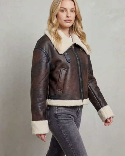 Women's Faux Shearling Trim Cropped Aviator Jacket