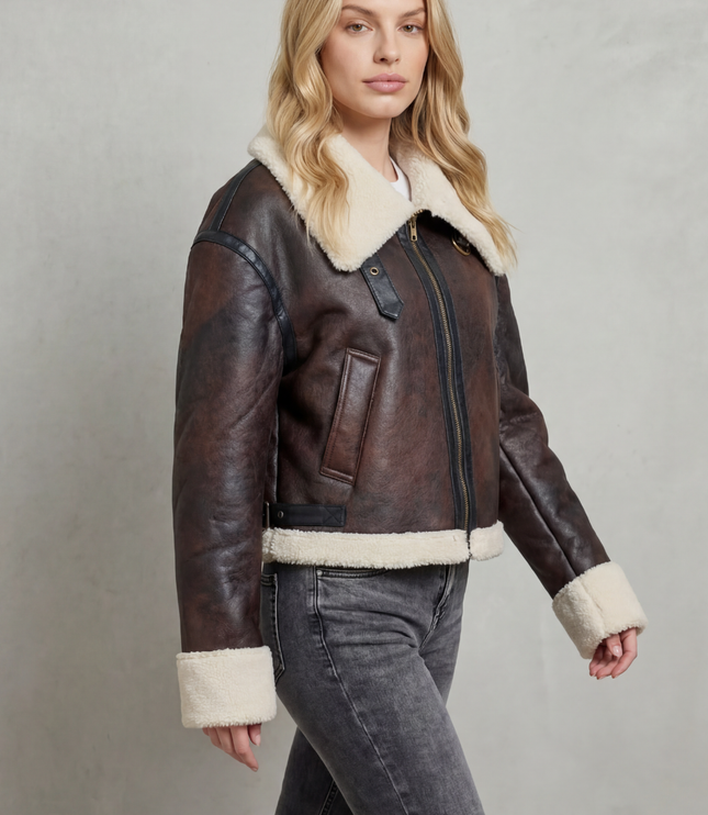 Women's Faux Shearling Trim Cropped Aviator Jacket
