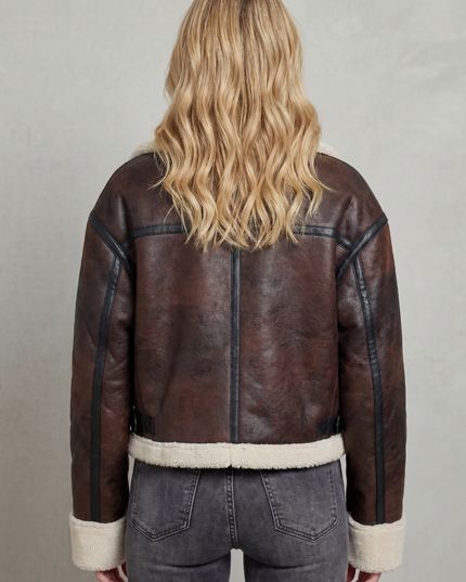 Women's Faux Shearling Trim Cropped Aviator Jacket