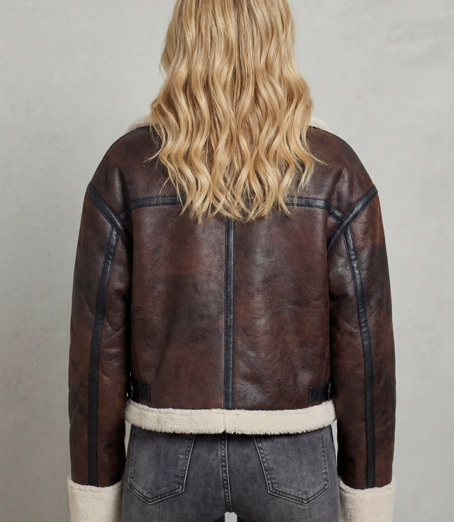 Women's Faux Shearling Trim Cropped Aviator Jacket