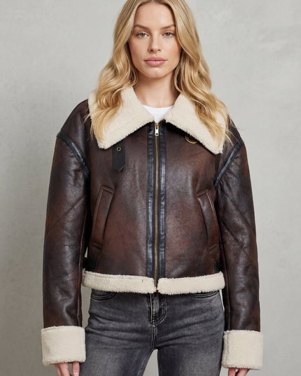 Women's Faux Shearling Trim Cropped Aviator Jacket