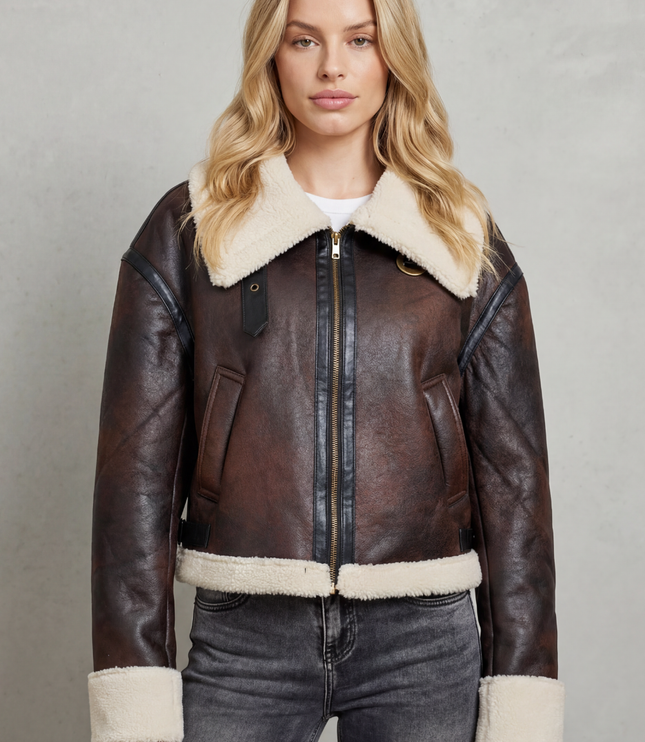 Women's Faux Shearling Trim Cropped Aviator Jacket