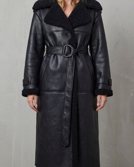 Women's Faux Shearling Trim Longline Aviator Coat