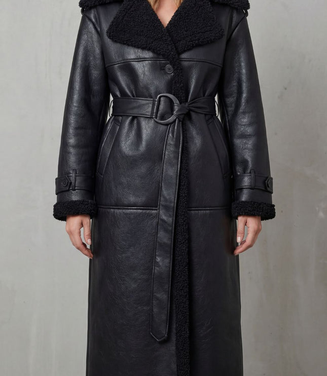 Women's Faux Shearling Trim Longline Aviator Coat