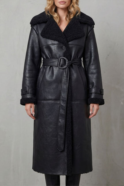 Women's Faux Shearling Trim Longline Aviator Coat