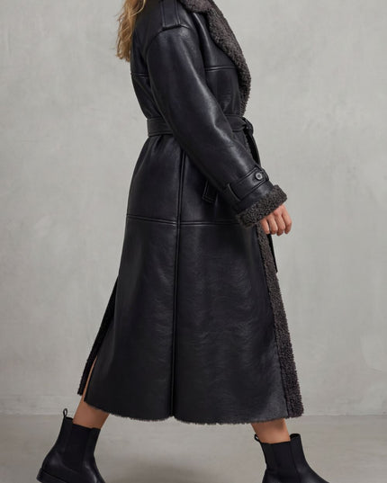 Women's Faux Shearling Trim Longline Aviator Coat