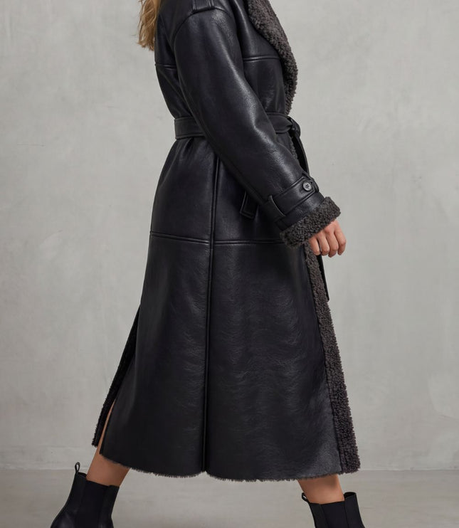 Women's Faux Shearling Trim Longline Aviator Coat