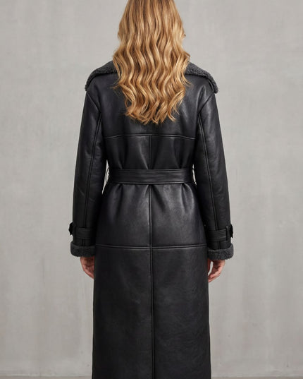 Women's Faux Shearling Trim Longline Aviator Coat