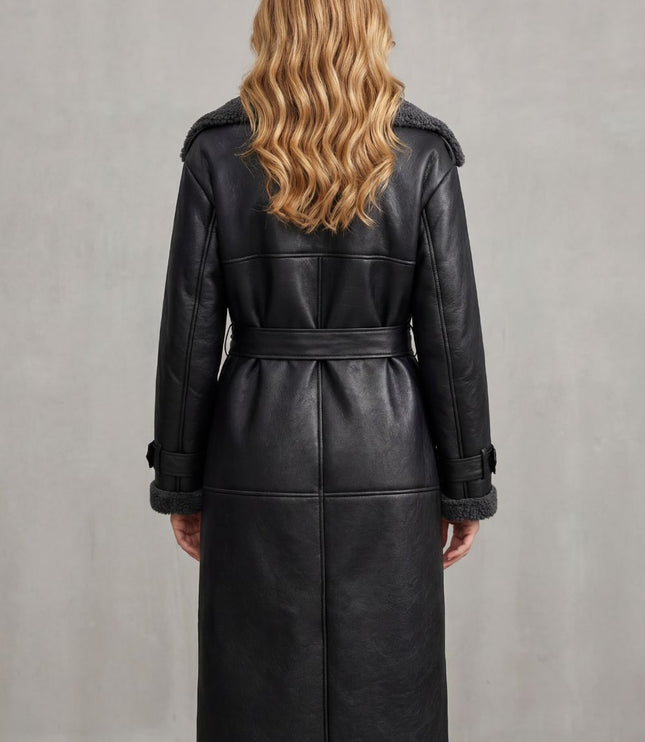 Women's Faux Shearling Trim Longline Aviator Coat