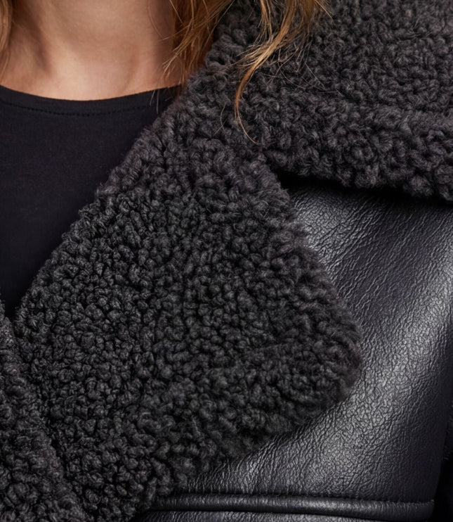 Women's Faux Shearling Trim Longline Aviator Coat