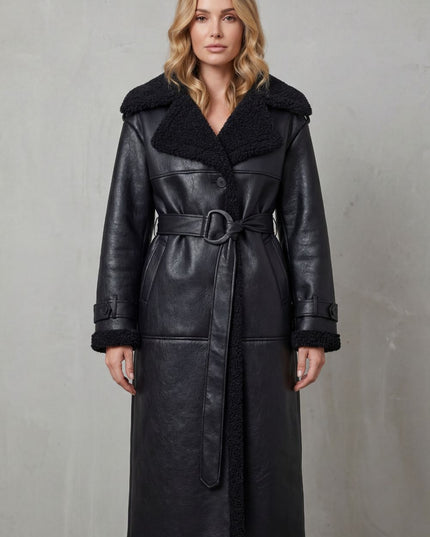 Women's Faux Shearling Trim Longline Aviator Coat