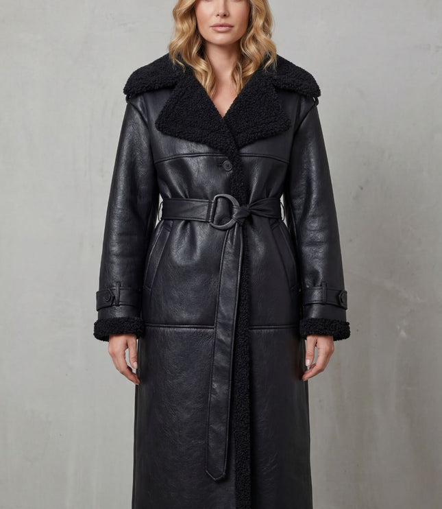 Women's Faux Shearling Trim Longline Aviator Coat