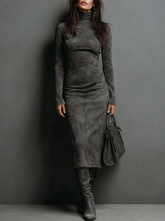 Women's Faux Suede Midi Dress with a Turtleneck