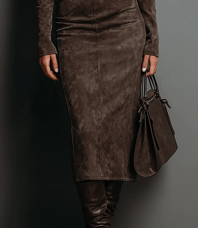 Women's Faux Suede Midi Dress with a Turtleneck