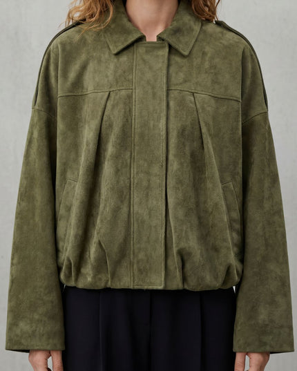 Women's Faux Suede Pleated Oversized Bomber Jacket
