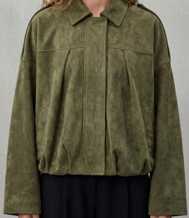 Women's Faux Suede Pleated Oversized Bomber Jacket