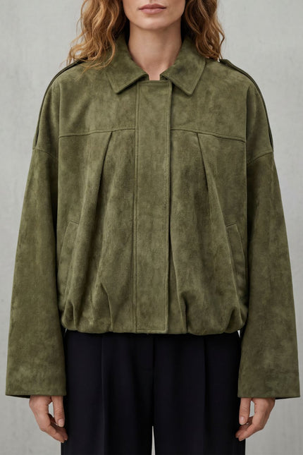 Women's Faux Suede Pleated Oversized Bomber Jacket