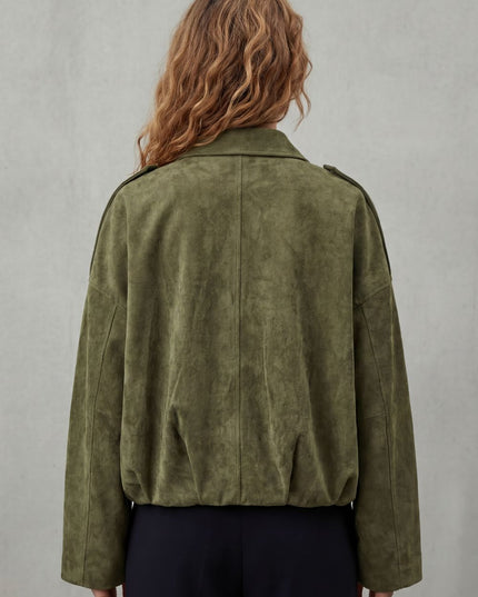 Women's Faux Suede Pleated Oversized Bomber Jacket