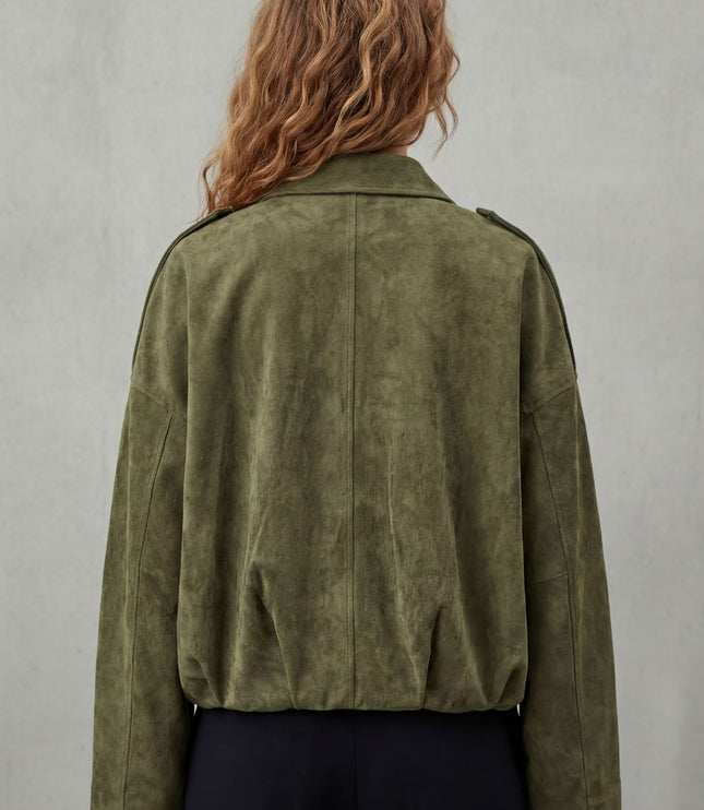 Women's Faux Suede Pleated Oversized Bomber Jacket