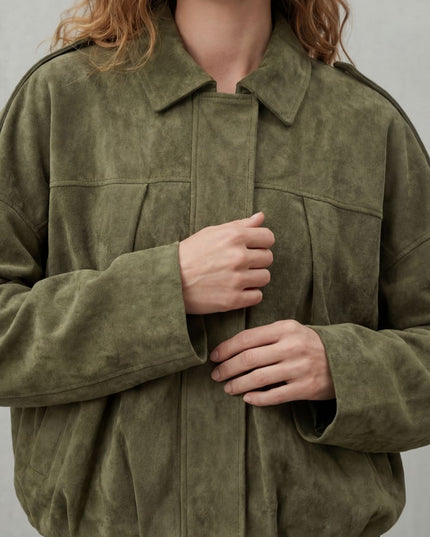 Women's Faux Suede Pleated Oversized Bomber Jacket