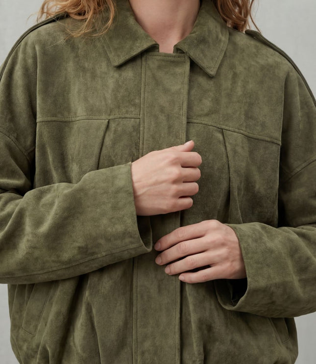 Women's Faux Suede Pleated Oversized Bomber Jacket
