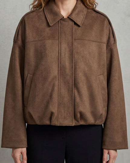 Women's Faux Suede Pleated Oversized Bomber Jacket