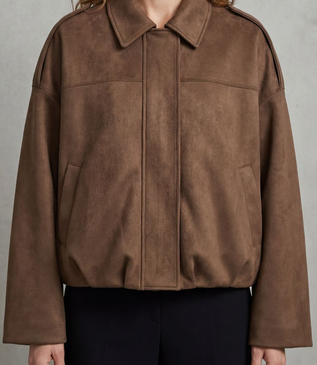 Women's Faux Suede Pleated Oversized Bomber Jacket