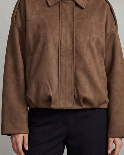 Women's Faux Suede Pleated Oversized Bomber Jacket