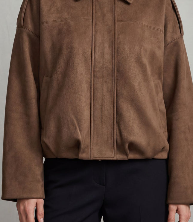 Women's Faux Suede Pleated Oversized Bomber Jacket