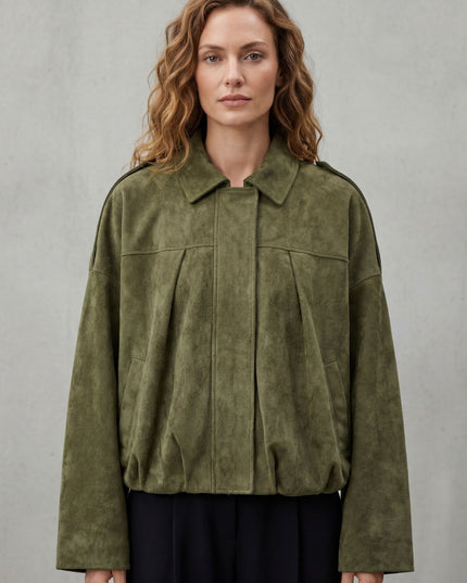 Women's Faux Suede Pleated Oversized Bomber Jacket