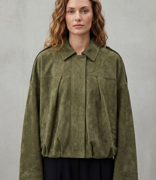 Women's Faux Suede Pleated Oversized Bomber Jacket