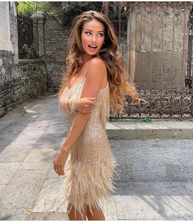 Women's Feather Hem Flapper Dress with Fringe Detailing