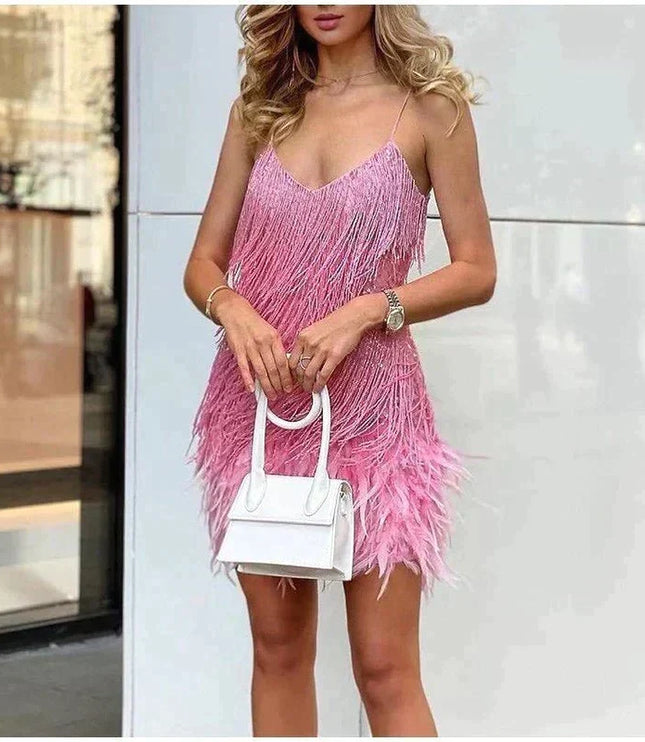Women's Feather Hem Flapper Dress with Fringe Detailing